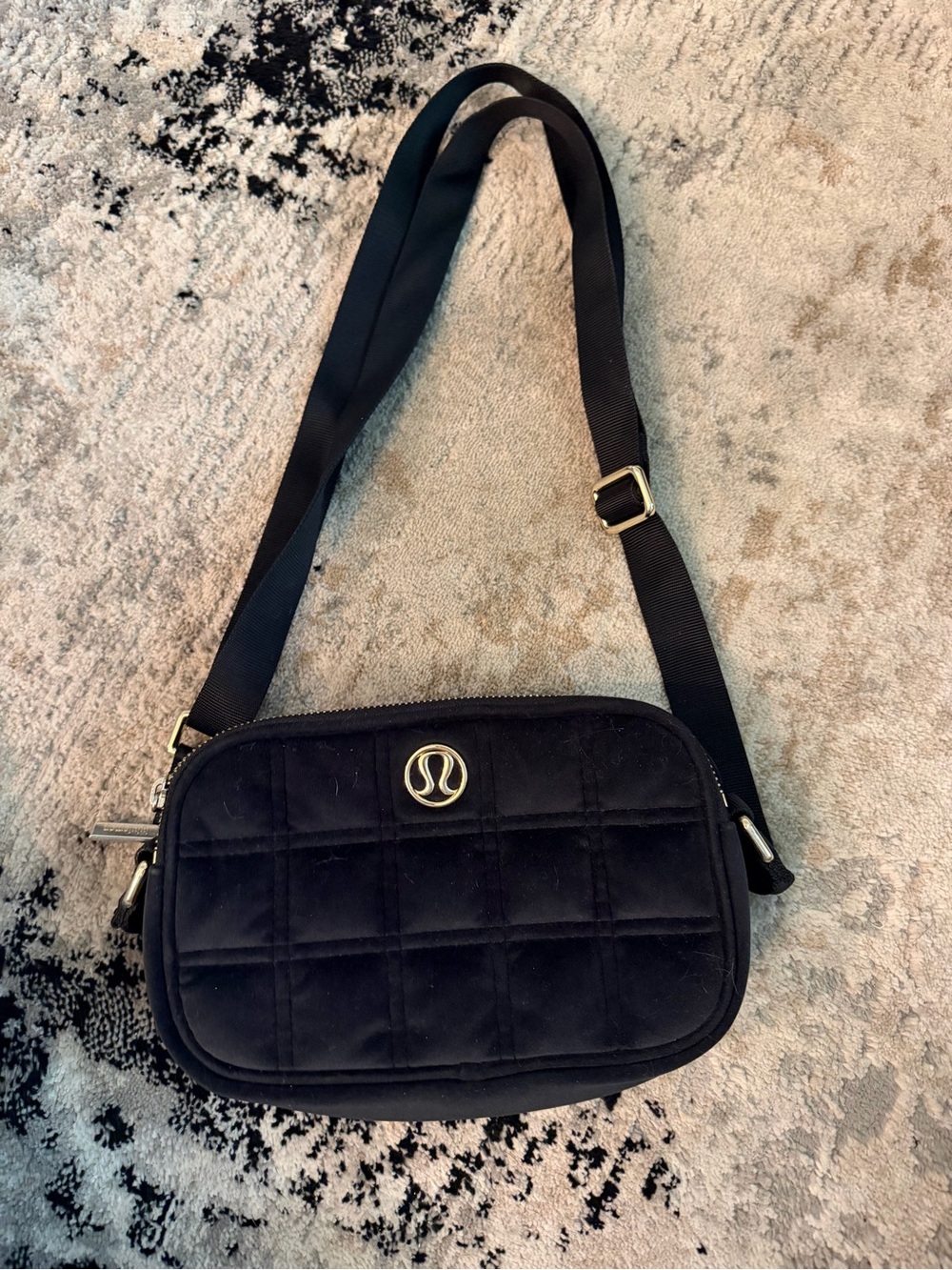 lululemon athletica Black Quilted Crossbody with Gold Logo